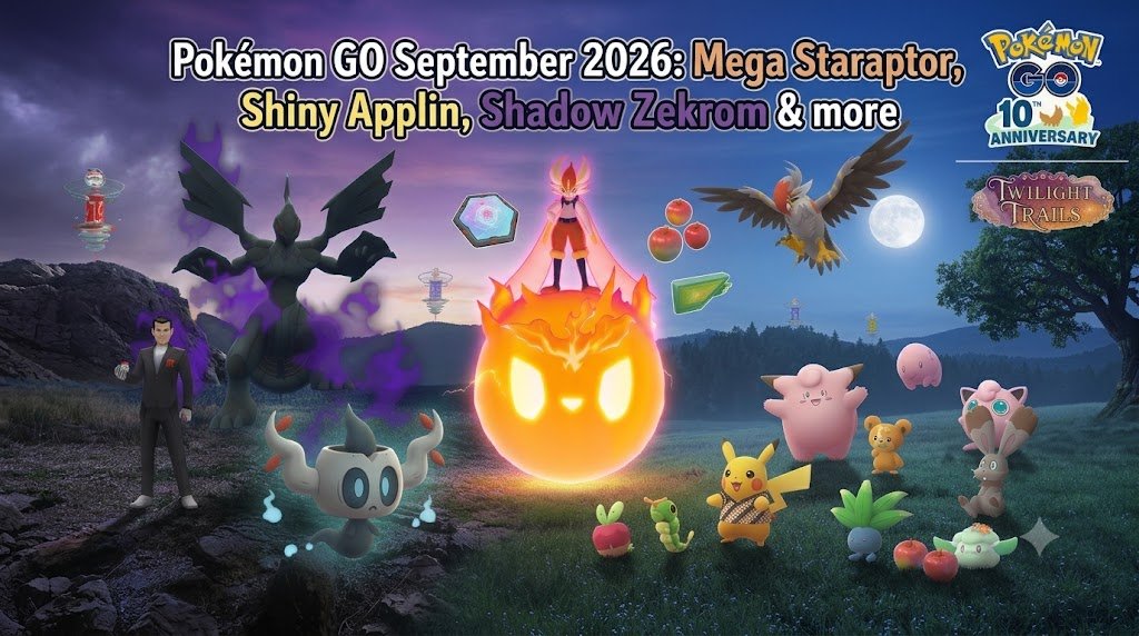 Pokémon GO September 2026 event featuring Mega Staraptor, Shiny Applin, Shadow Zekrom, and Gigantamax Cinderace
