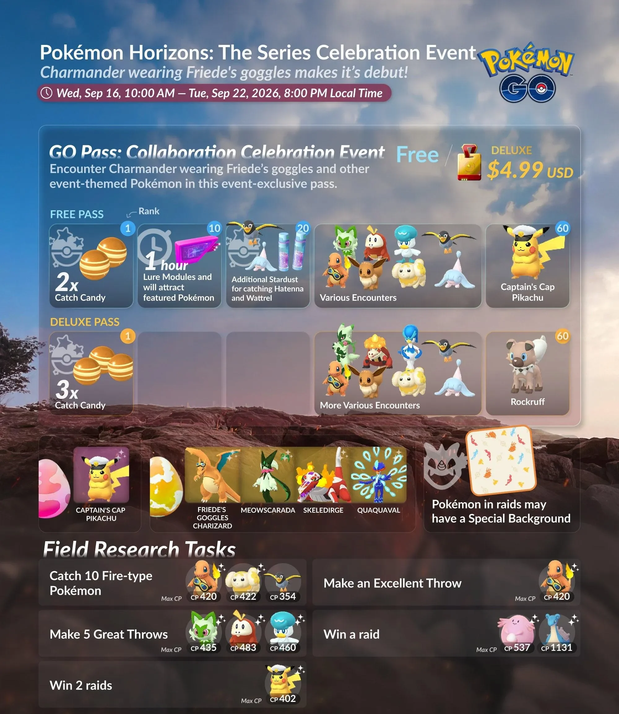 Pokémon Horizons: The Series Celebration event artwork featuring Friede's goggles Charmander and Cap's hat Pikachu