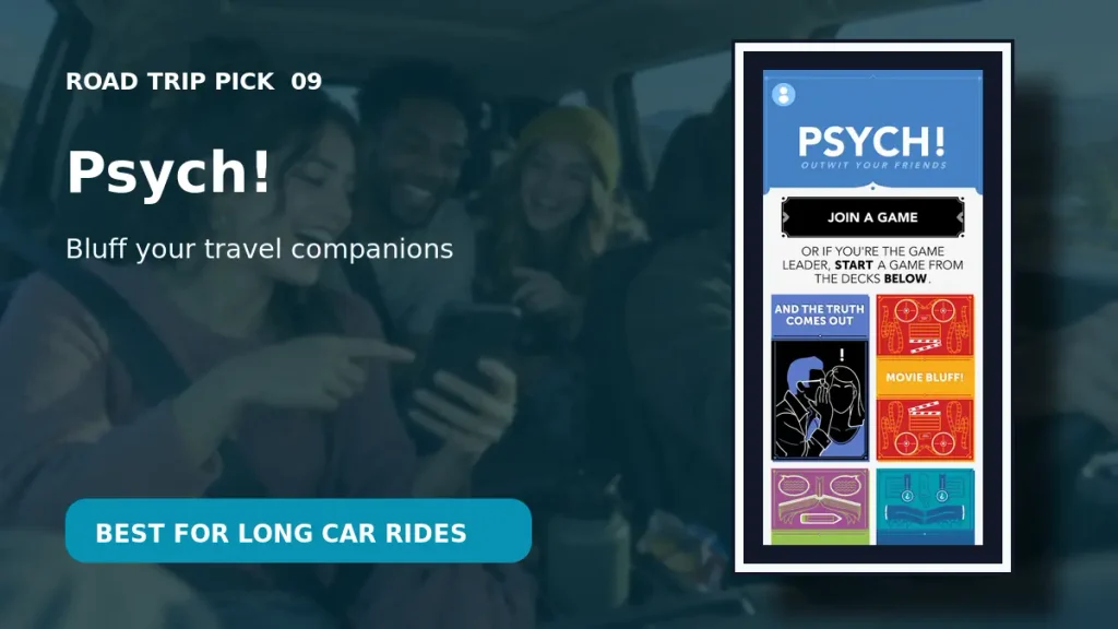 Psych bluffing game app shown on a phone during a car ride