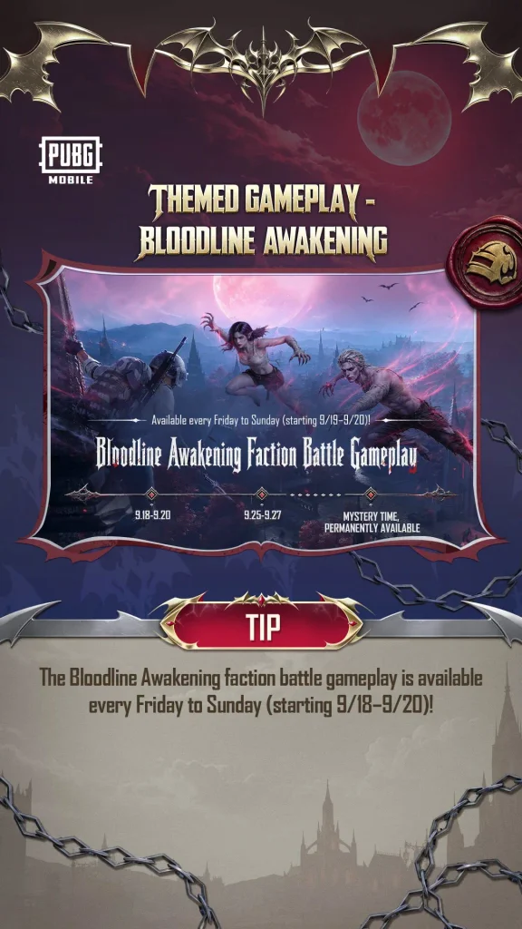 Bloodline Awakening faction battle schedule in PUBG Mobile 4.6, available Friday to Sunday