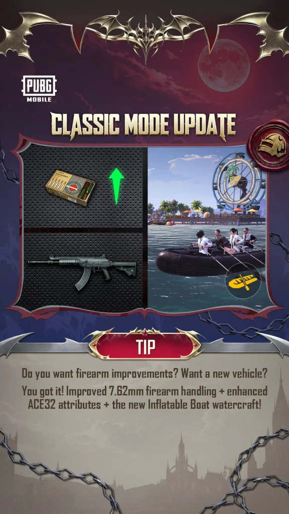Classic Mode update in PUBG Mobile 4.6 showing 7.62mm buff, ACE32, and new Inflatable Boat