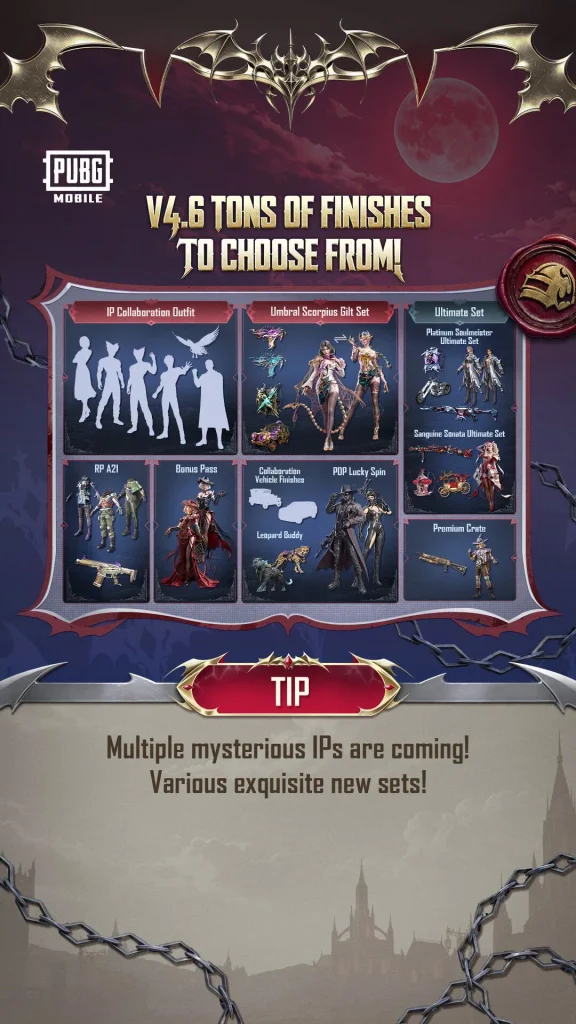 Paid finishes and sets in PUBG Mobile 4.6, including Umbral Scorpius Gilt Set and Ultimate Sets