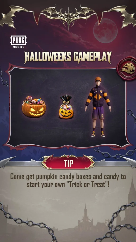 Halloweeks gameplay in PUBG Mobile 4.6 with pumpkin candy boxes and a Halloween outfit