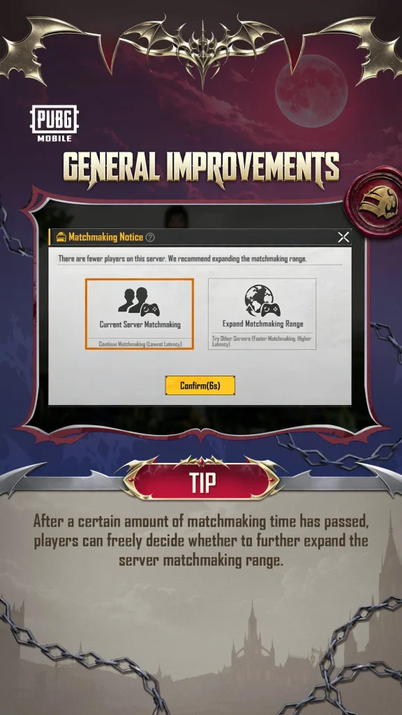 New matchmaking notice in PUBG Mobile 4.6 to keep the current server or expand range