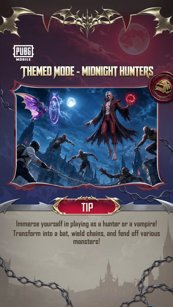 Midnight Hunters themed mode in PUBG Mobile 4.6 with a vampire, zombies, and a hunter