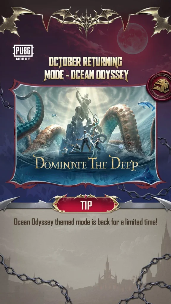 Ocean Odyssey returning mode in PUBG Mobile 4.6 with a sea monster and Poseidon statue