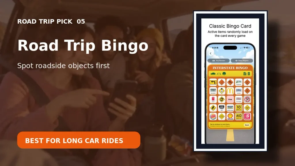 Road Trip Bingo app showing a classic roadside bingo card