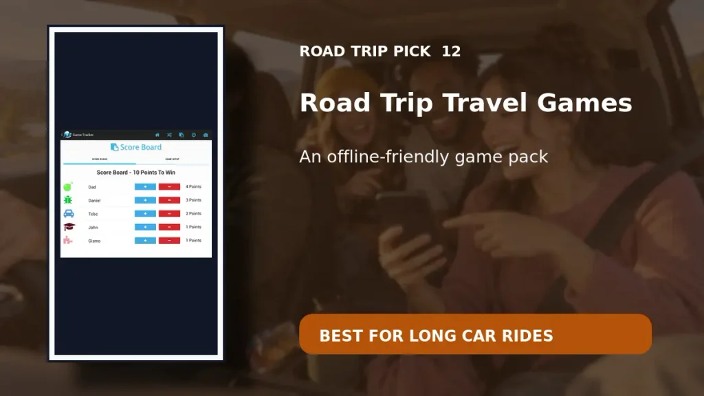 Road Trip Travel Games app showing a score board for passengers