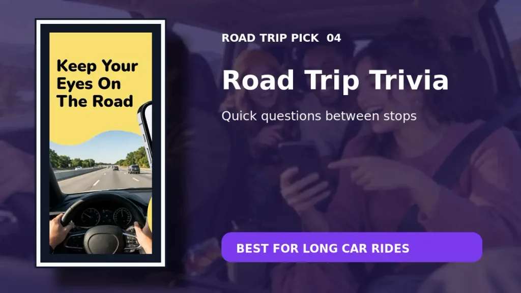 Road Trip Trivia Quiz app displayed beside passengers on a long car ride