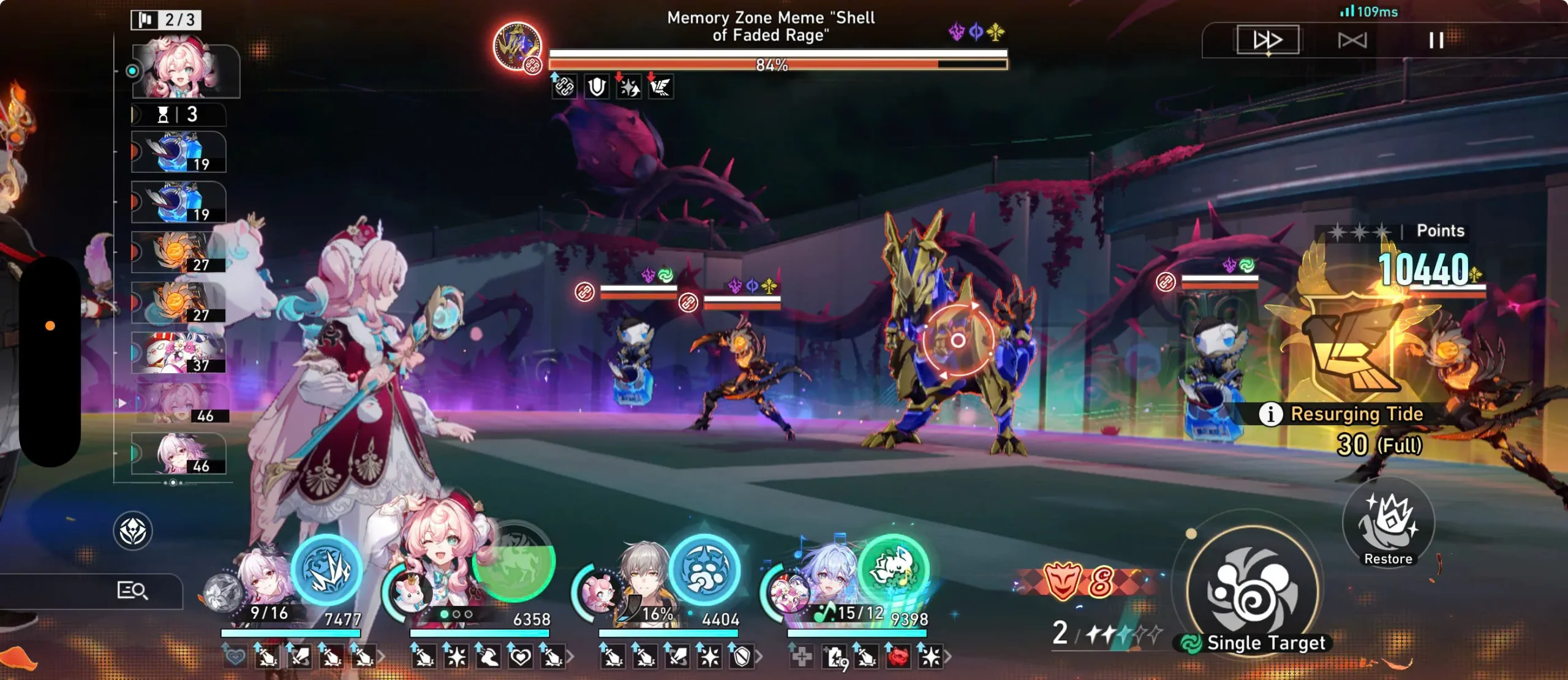 n-game combat display highlighting the shared Skill Point gauge and individual character Energy meters.