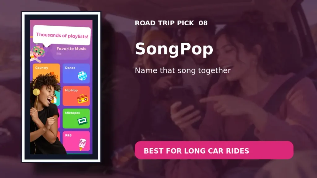SongPop music guessing app shown during a group road trip