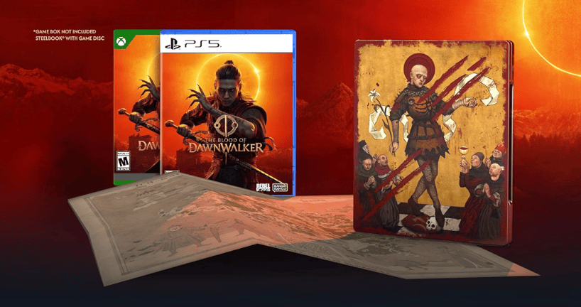 The Blood of Dawnwalker Day 1 Edition PlayStation 5 box art showing Coen against a glowing orange moon