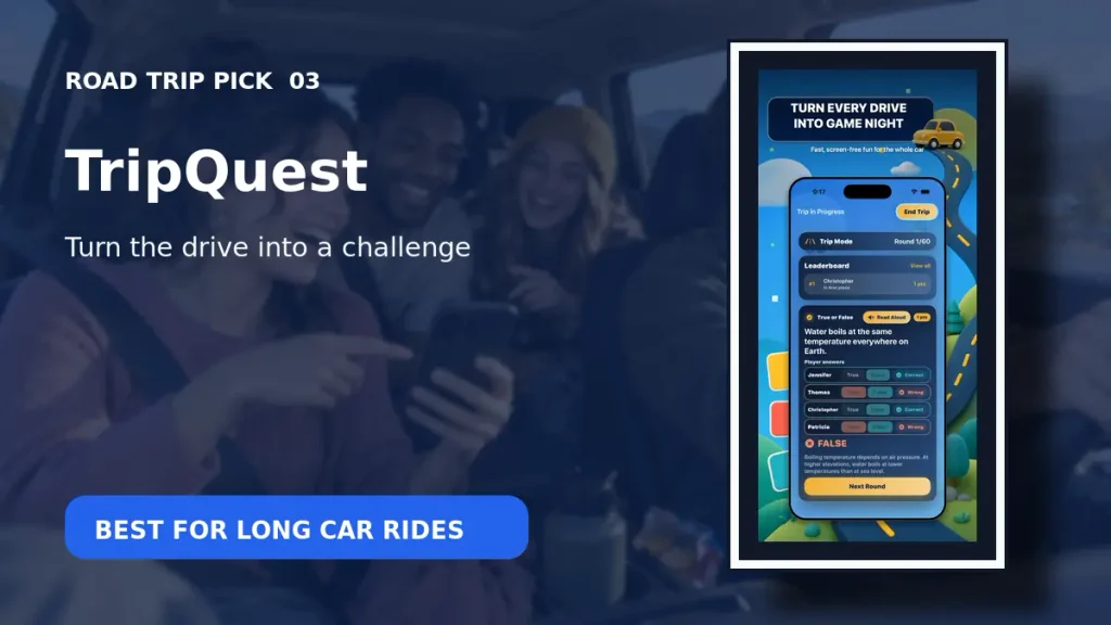 TripQuest travel game app showing challenges for a family road trip