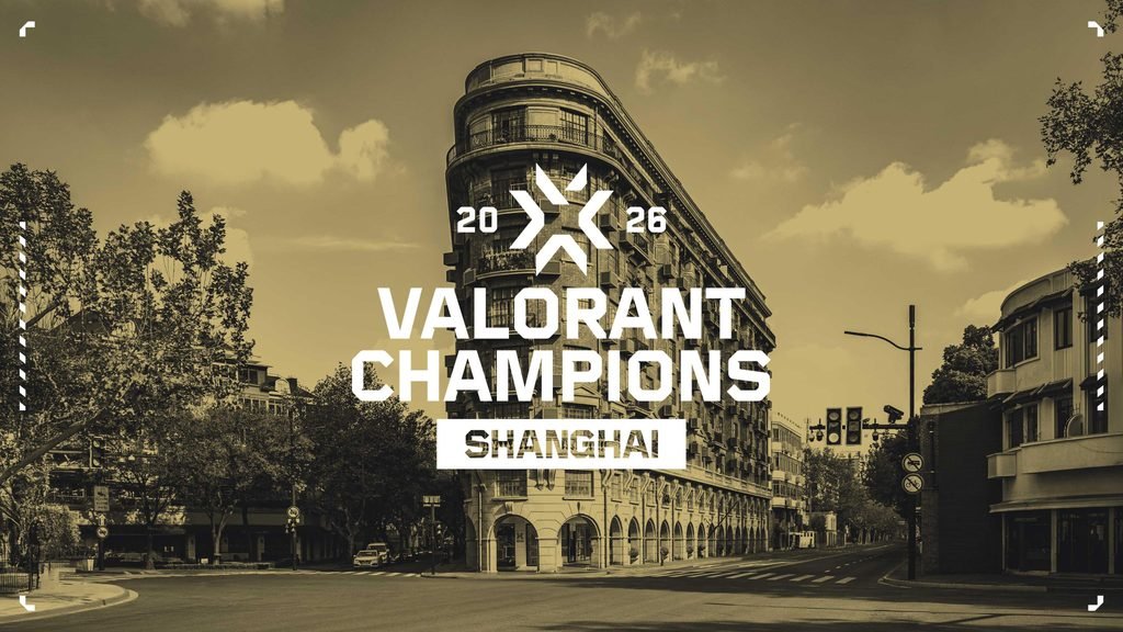 Valorant Champions Shanghai trophy on stage with tournament branding