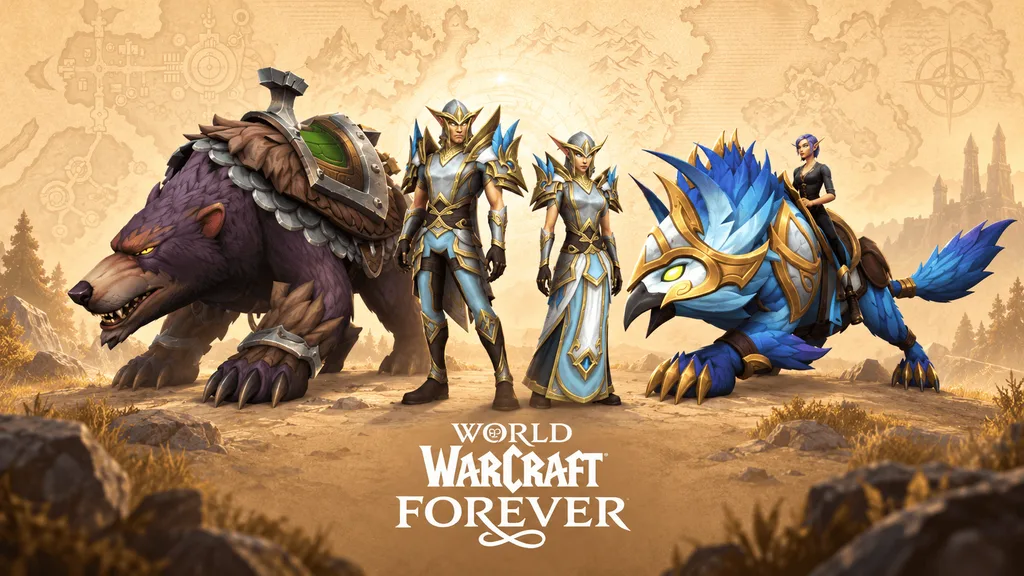 World of Warcraft Forever characters between an armored wolf and a blue bird mount.